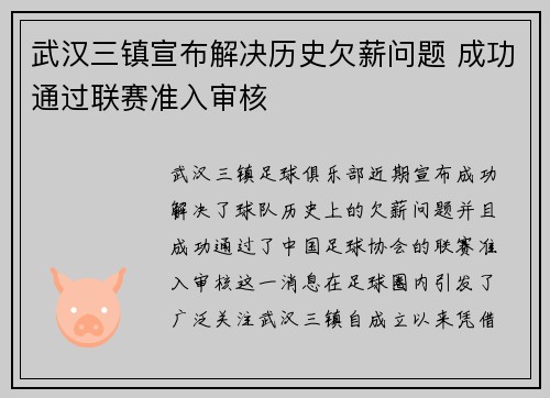 武汉三镇宣布解决历史欠薪问题 成功通过联赛准入审核
